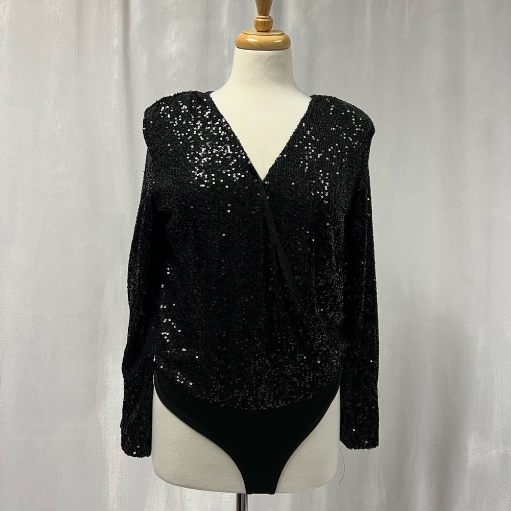 Brand New Max Studio London Sequin Embellished Black Wrap Top Size S